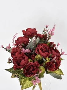 1入組人造花花束，酒紅色塑料假花束，適用於家居裝飾、婚禮