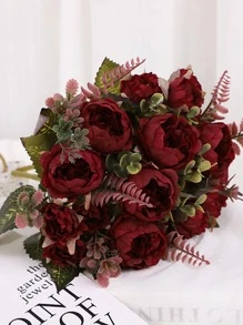 1入組人造花花束，酒紅色塑料假花束，適用於家居裝飾、婚禮