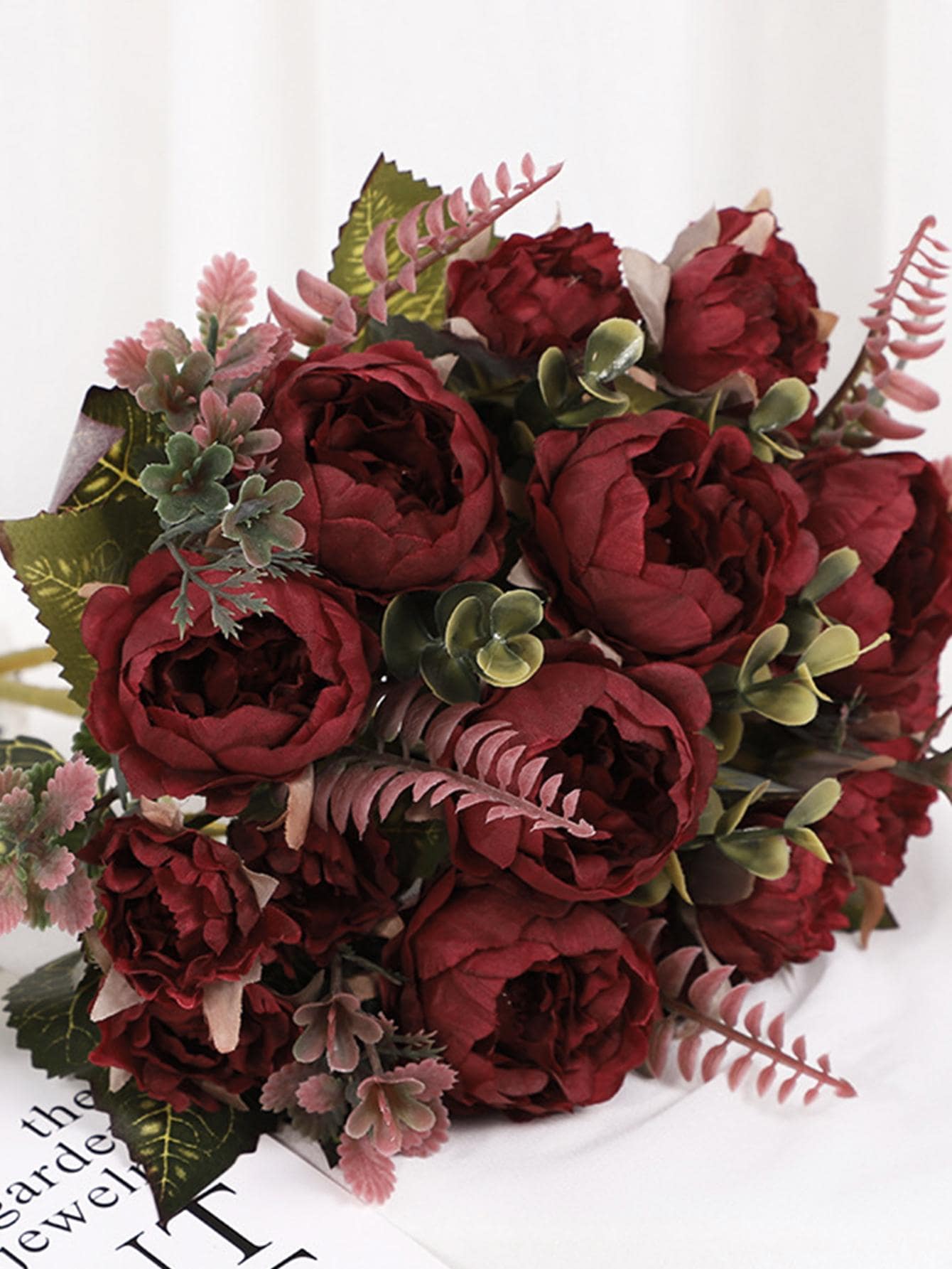 1入組人造花花束，酒紅色塑料假花束，適用於家居裝飾、婚禮