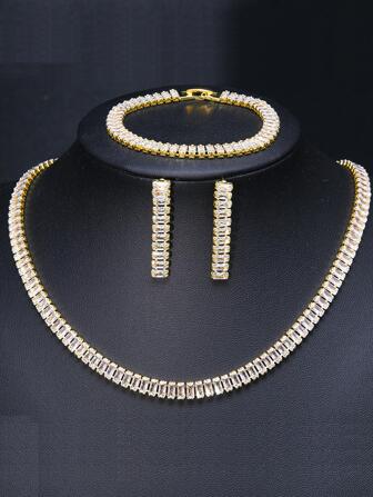 3 st/set Zirconia Encrusted rektangulärt hängande halsband, armband och örhängen, lämplig för kvinnors bröllop och fester