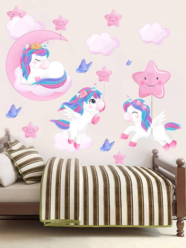 1PC New Wall Sticker Unicorn, Moon Star, Butterfly, Living Room, Bedroom Decoration Painting, Back Adhesive PVC Children's Cute Home Decoration Sticker,Stickers,Wall Decal,Vinly Decal For Home Decorations,Spring Decoration Items Refesh Your Home,Rama Decoration Stickers Gifts Birthday Graduation