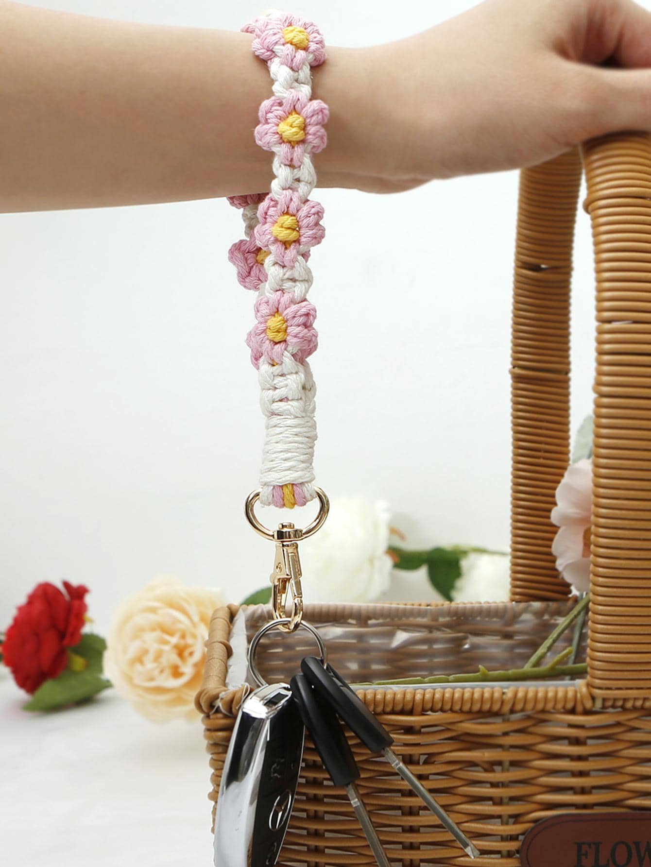 1 件手工復古風格花朵編織鑰匙圈/手鍊/包包吊墜,帶有鄉村和汽車設計 - 粉色 - 查看 1