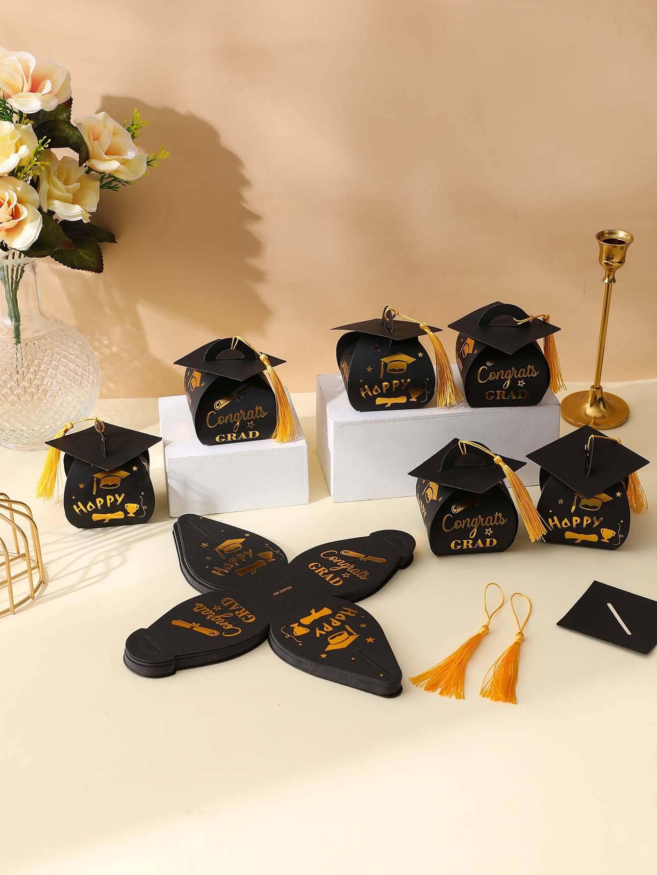 6入組畢業季節黑色畢業帽派對禮物派對裝飾用品 - 黑色 - 查看 1