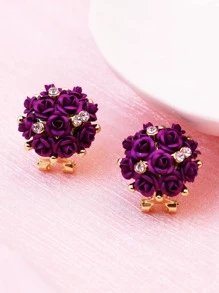 水鑽和花朵裝飾耳釘 - 中紫紅色 - 查看 1