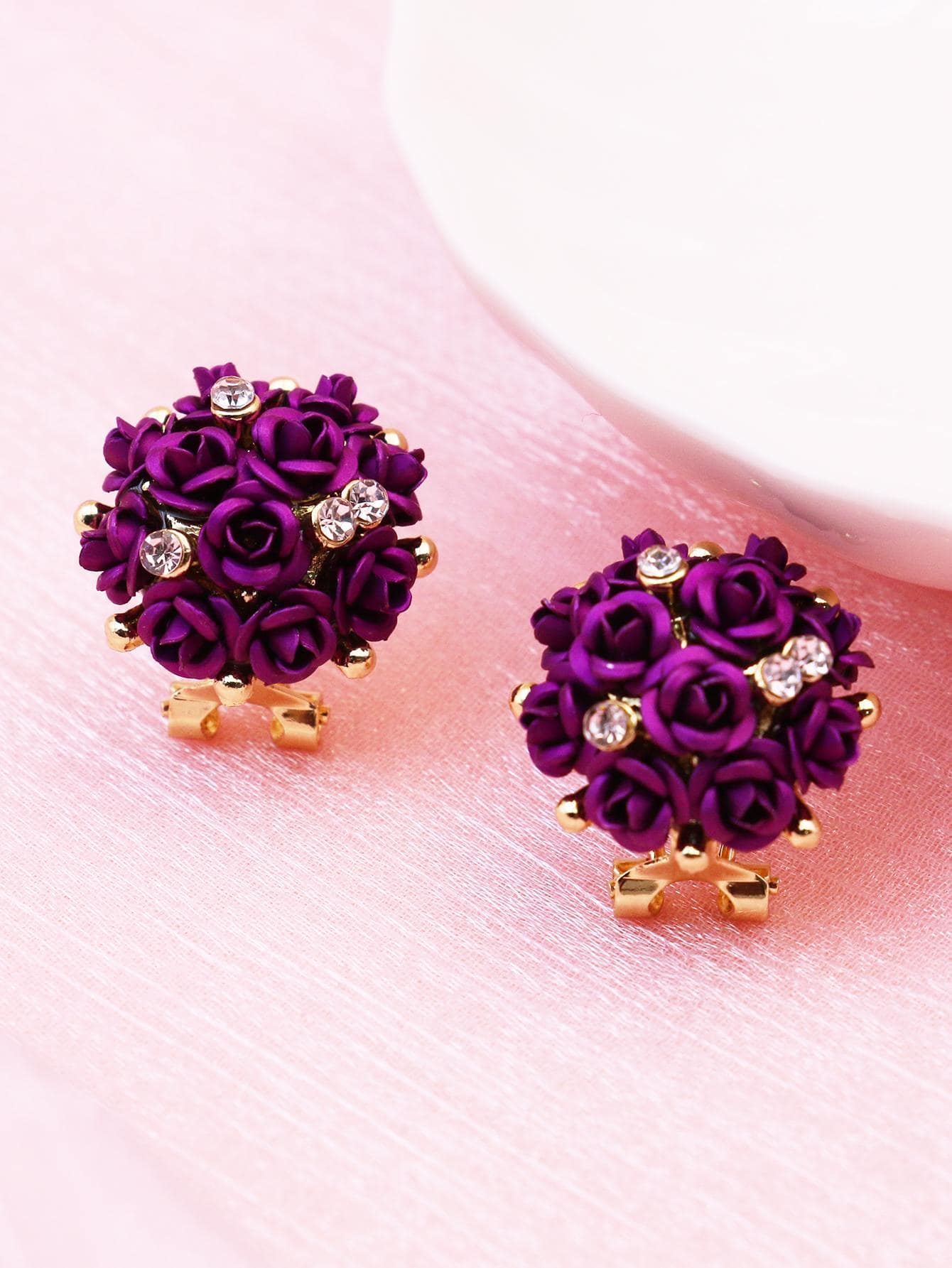水鑽和花朵裝飾耳釘 - 中紫紅色 - 查看 1