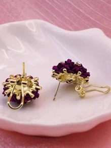 水鑽和花朵裝飾耳釘 - 中紫紅色 - 查看 2