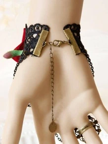 1pc Women Flower Decor Fashionable Costume Mitten Bracelet For Party - Burgundy - View 2