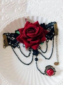 1pc Women Flower Decor Fashionable Costume Mitten Bracelet For Party - Burgundy - View 3