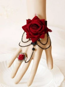 1pc Women Flower Decor Fashionable Costume Mitten Bracelet For Party - Burgundy - View 1