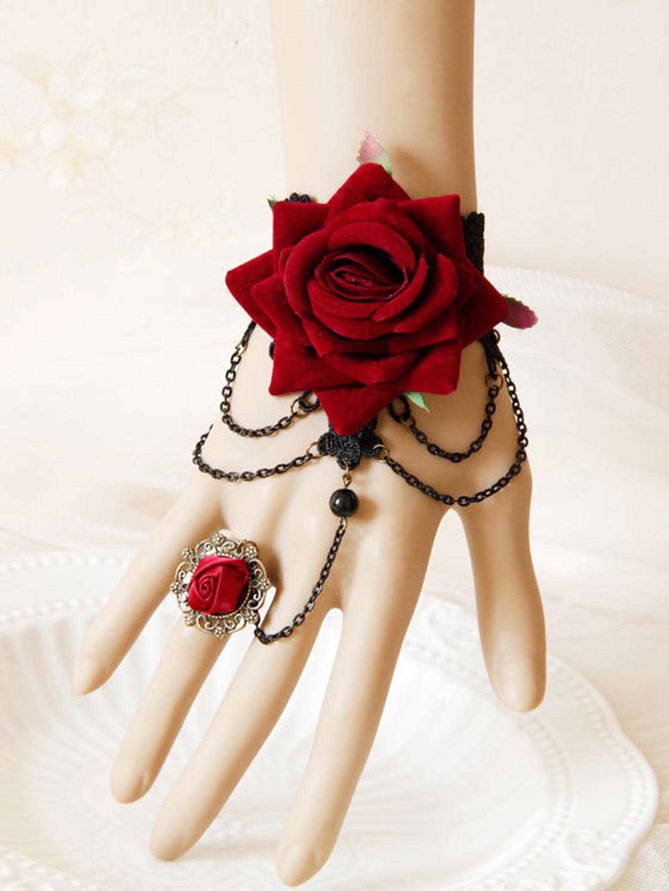1pc Women Flower Decor Fashionable Costume Mitten Bracelet For Party - Burgundy - View 1