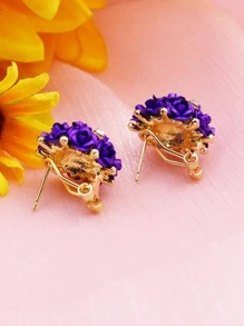 水鑽和花朵裝飾耳釘 - 紫色 - 查看 2