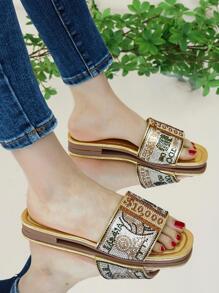 Women Rhinestone Decor Single Band Slide Sandals, Glamorous Summer Flat Sandals - Gold - View 7