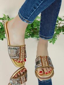 Women Rhinestone Decor Single Band Slide Sandals, Glamorous Summer Flat Sandals - Gold - View 8