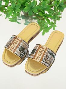 Women Rhinestone Decor Single Band Slide Sandals, Glamorous Summer Flat Sandals - Gold - View 4