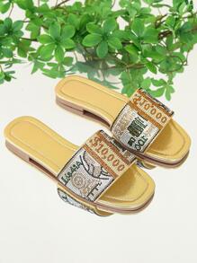 Women Rhinestone Decor Single Band Slide Sandals, Glamorous Summer Flat Sandals - Gold - View 5