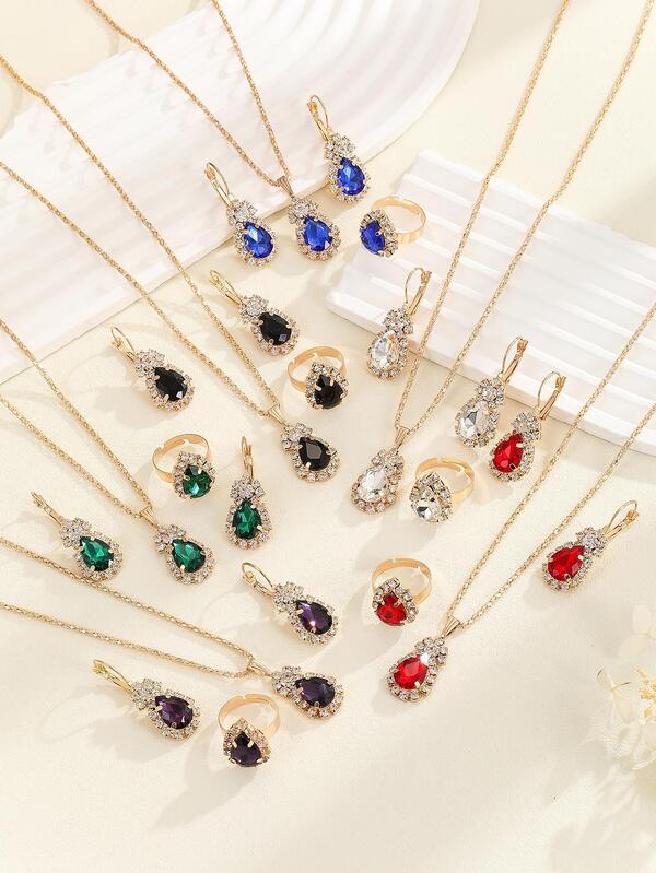 4pcs/set Glamorous Faux Crystal Rhinestone Decor Water Drop Design Jewelry Set For Women For