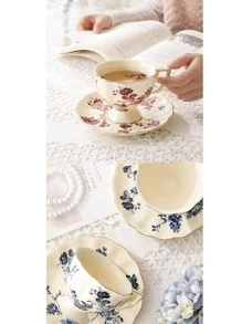 chenguang 1pc Flower Pattern Tea Cup & 1pc Tray, Modern Flower & Branch Print Tea Cup & Coaster For Home - Multicolor - View 10
