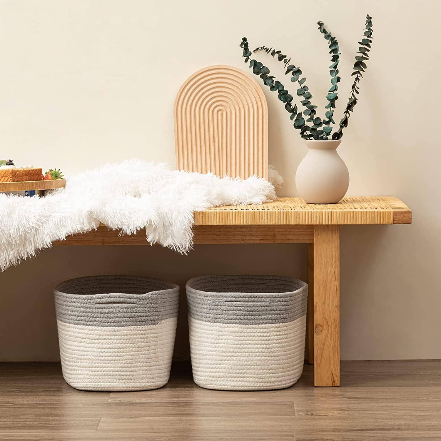 2pcs Woven Bedroom Storage Basket, Boho Braided Design Storage Basket For Home - Grey - View 1