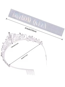 Bling Rhinestone Crystal Crown Tiara Birthday Queen Sash And Crown For Women Birthday Party Decoration Kit Queen Glitter Crystal Hair Accessories, Back To School Valentine Day - Silver - View 3