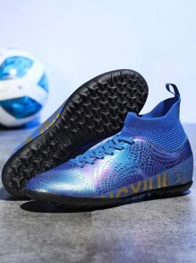 男士防滑透氣字母圖案系帶設計一腳蹬運動戶外足球鞋 - 藍色 - 查看 2