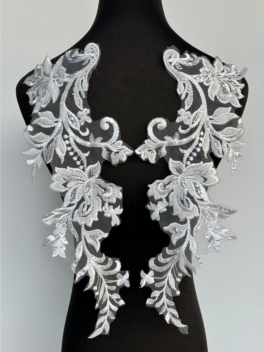 2入組/套滌綸貼布現代花朵圖案刺繡貼花適用於衣物裝飾 - 白色 - 查看 1