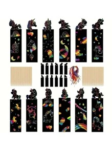 12 件/套帶筆塗鴉藝術紙學生創意手工卡通塗鴉和拼圖書籤 - 黑色 - 查看 1