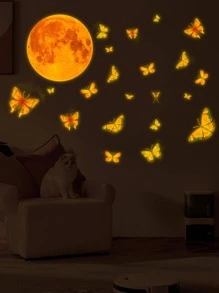 1set Butterfly & Moon Pattern Glow In The Dark Wall Sticker, Modern Moon Print Wall Decal For Home Decoration - Multicolor - View 4