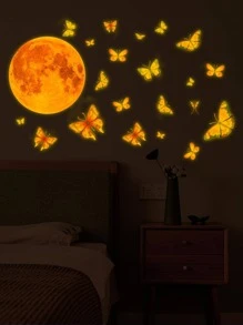 1set Butterfly & Moon Pattern Glow In The Dark Wall Sticker, Modern Moon Print Wall Decal For Home Decoration - Multicolor - View 1