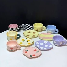 1 件套图案印花马克杯和盘子，现代咖啡杯和盘子套装，适合餐桌返校 - 彩色 - 查看 3