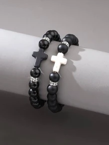 2pcs/set Men Cross Decor Beaded Bracelet, For Jewelry Gift And Party - Black - View 2