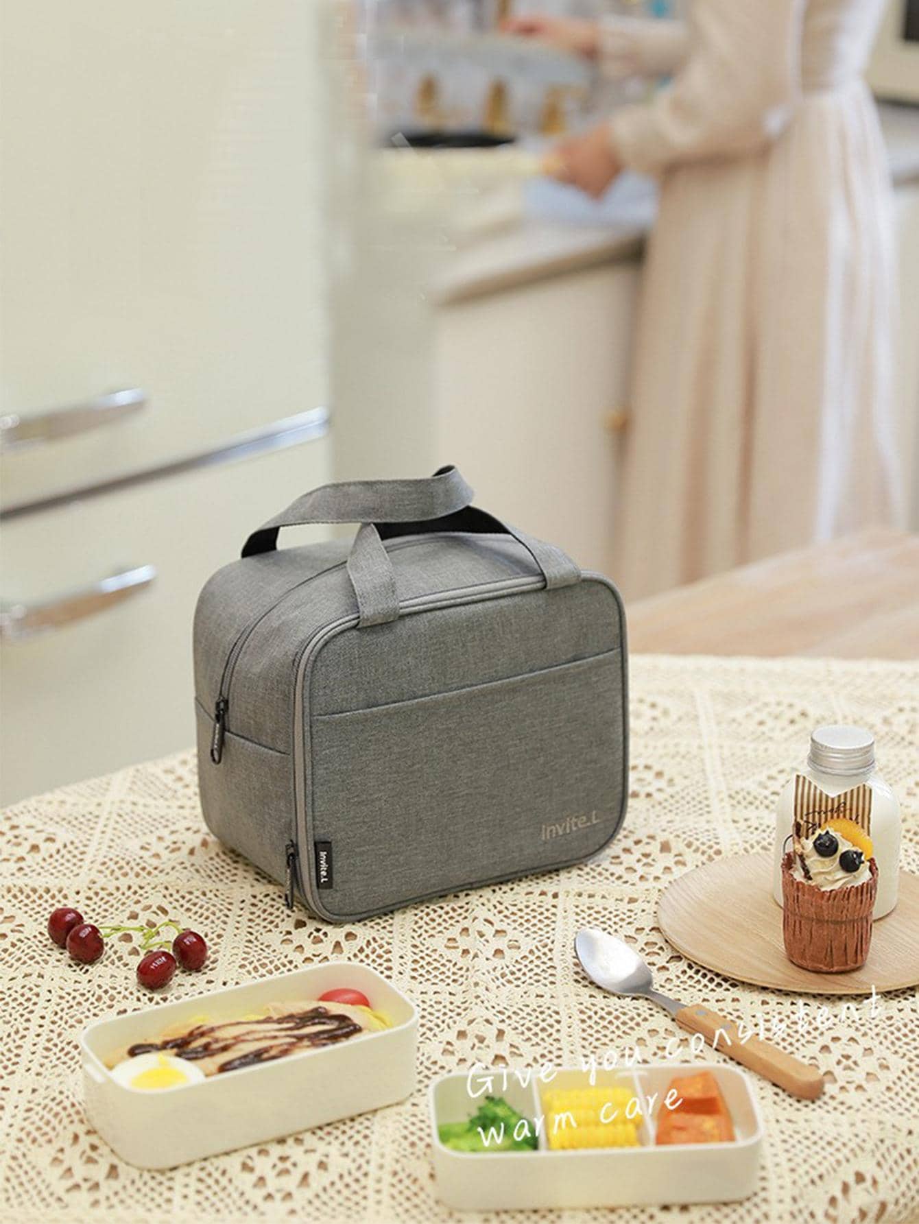 1個便攜保溫袋，雙層午餐盒，鋁箔，大容量辦公室學生，便攜米袋收納袋 - 灰色 - 查看 1