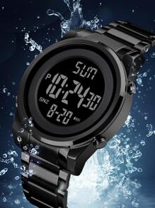 Skmei 1 pieza Reloj digital con esfera redonda resistente al agua con calendario de fecha comercial y correa de acero inoxidable negro, para la vida diaria - Negro - Ver 2