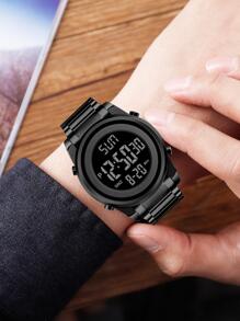 Skmei 1 pieza Reloj digital con esfera redonda resistente al agua con calendario de fecha comercial y correa de acero inoxidable negro, para la vida diaria - Negro - Ver 3