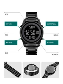 Skmei 1 pieza Reloj digital con esfera redonda resistente al agua con calendario de fecha comercial y correa de acero inoxidable negro, para la vida diaria - Negro - Ver 4