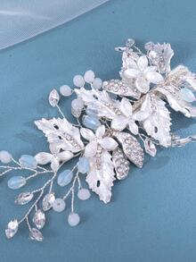 1pc Elegant & Luxurious Crystal Leaf Hair Clip, Bridal Wedding Hair Accessory - Silver - View 5