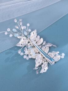 1pc Elegant & Luxurious Crystal Leaf Hair Clip, Bridal Wedding Hair Accessory - Silver - View 7