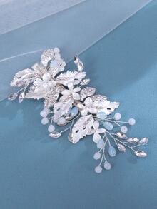 1pc Elegant & Luxurious Crystal Leaf Hair Clip, Bridal Wedding Hair Accessory - Silver - View 3