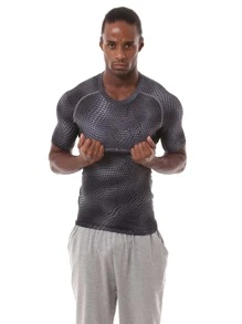 Playera Licra Deportiva Compresión Correr Manga Corta Slim Hombres Camiseta deportiva con estampado de letra - Gris - Ver 1