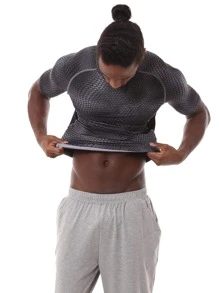 Playera Licra Deportiva Compresión Correr Manga Corta Slim Hombres Camiseta deportiva con estampado de letra - Gris - Ver 5