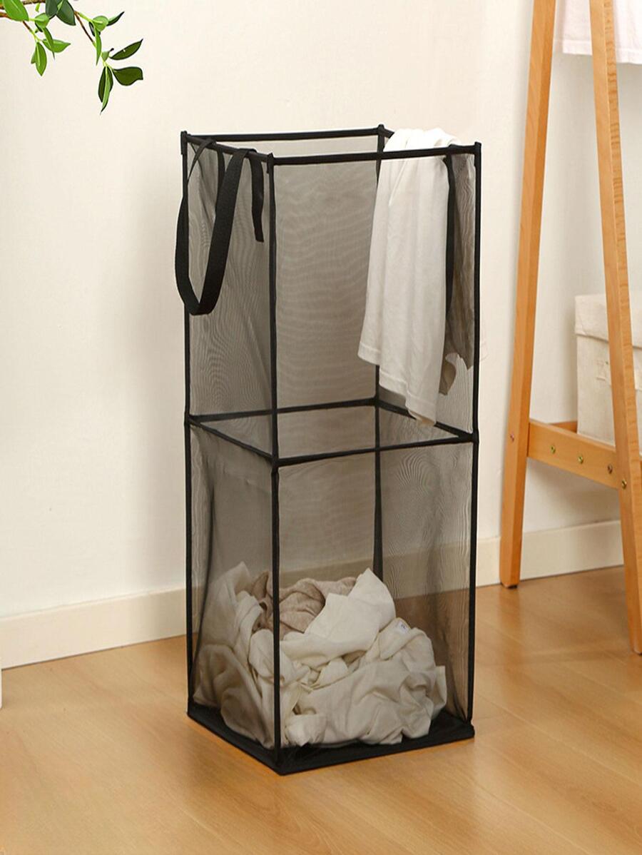 1pc Solid Color Foldable Laundry Hamper, Minimalist Polyester Mesh Laundry Basket For Home - Black - View 1