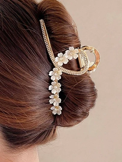 1件装女士花朵和立方氧化锆装饰华丽发爪，可用于头发装饰、优雅头饰发夹、女士发饰、发卡、发饰、学校用品、派对造型、头部配饰