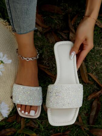 Women's Sparkly Glitter Open Toe Flat Slip-On Sandals, Perfect For Outdoor Activities