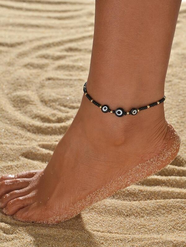 1 Piece Bohemian Beach Resort Style Glass Eyes Medium Uniform Black Rice Bead Elastic Thread Women Anklets