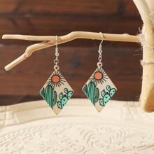 1雙木西方風格幾何鑽石形狀花朵圖案懸垂耳環,復古首飾類適合女士,仙人掌日落設計,喜慶禮品裝飾用品 - 彩色 - 查看 1