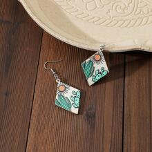 1雙木西方風格幾何鑽石形狀花朵圖案懸垂耳環,復古首飾類適合女士,仙人掌日落設計,喜慶禮品裝飾用品 - 彩色 - 查看 2