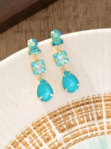 1 Cặp Hoa Tai Mặt Dây Chuyền Đá Zirconia Giả Nhiều Màu Làm Thủ Công, Nhiều Hình Dạng, Màu Sắc Và Vị Trí Họa Tiết Hoa - Màu xanh nhạt - Xem 2