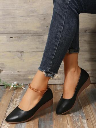 2024 Round-Toe Wedge Heels Women's Shoes, Low Vamp Soft-Soled Comfortable Versatile Black Professional Work Shoes For Ladies, Wedge Heels And Thick-Soled Shoes