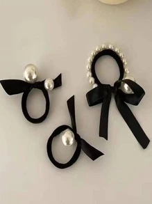 3入組女性人造珍珠和蝴蝶結裝飾優雅髮圈適用於頭髮裝飾用品 - 彩色 - 查看 1