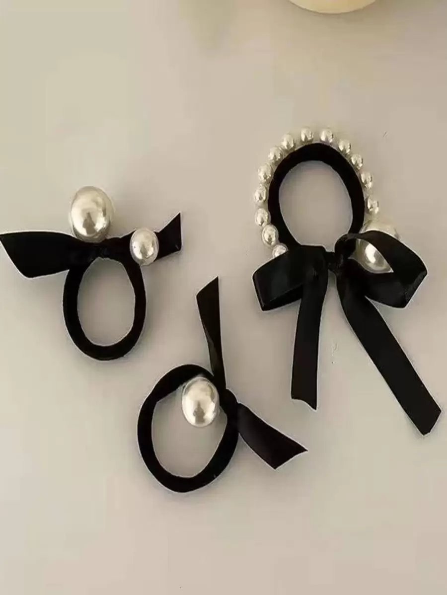 3入組女性人造珍珠和蝴蝶結裝飾優雅髮圈適用於頭髮裝飾用品 - 彩色 - 查看 1