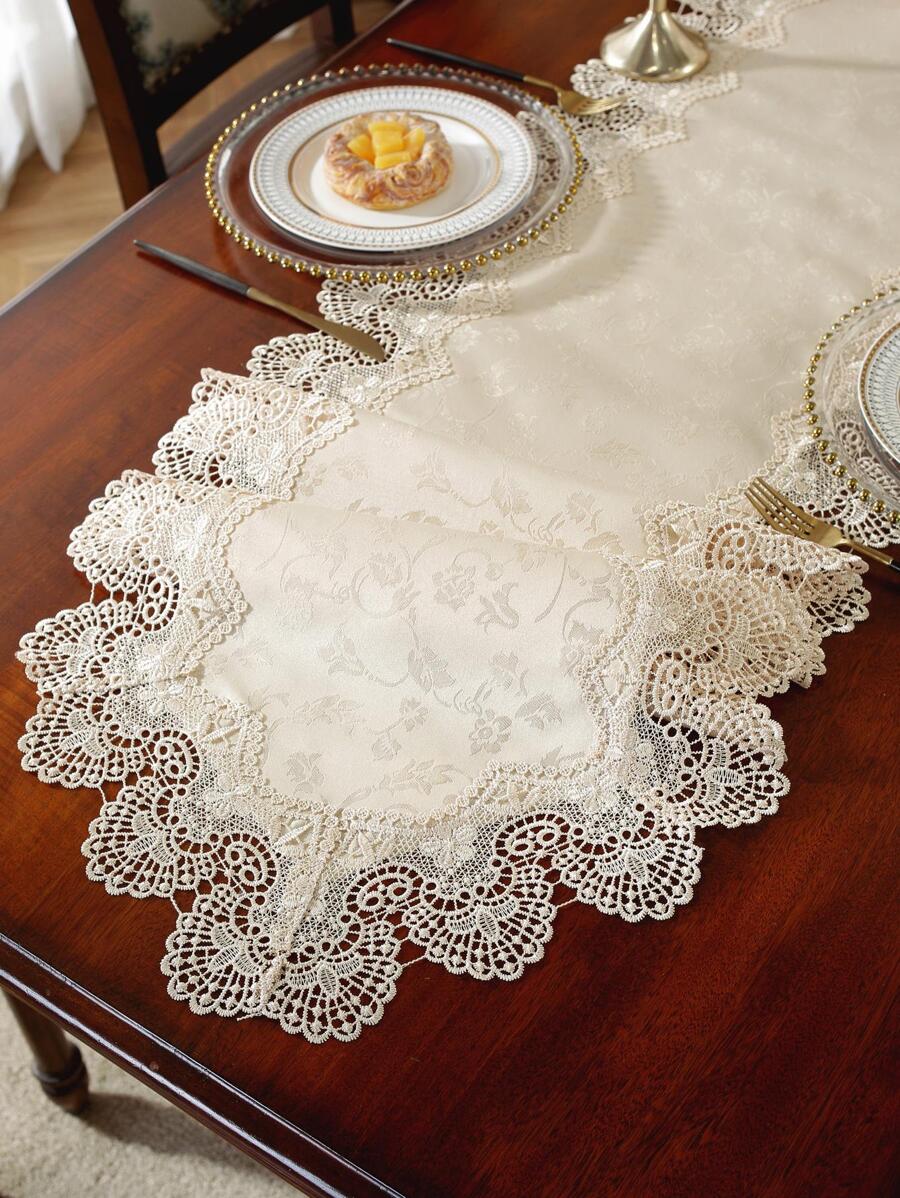 1pc Floral Embroidered Table Runner, Modern Polyester Table Runner For Home - Beige - View 1